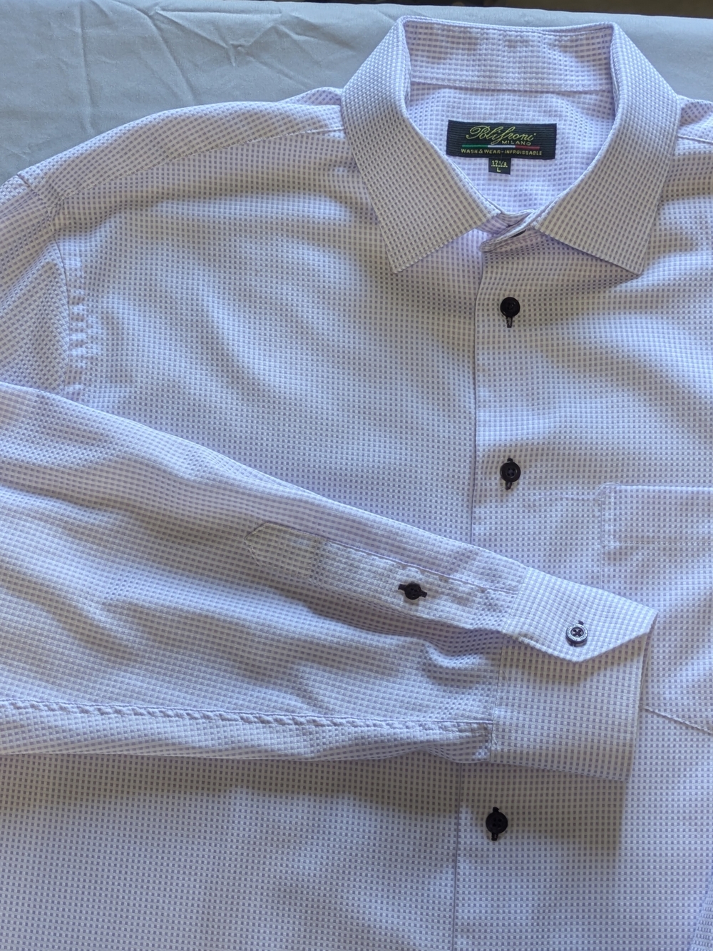 Polifroni Milano Mens Dress Shirt L 17.5 LavenderGrid Check Long Sleeve Non Iron